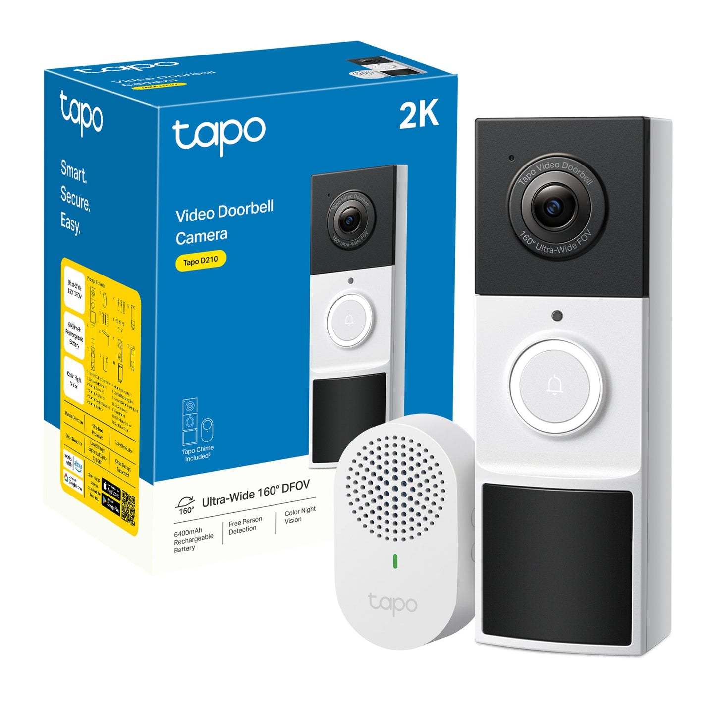Tapo D210 Video Campanello 2K 3MP, Visione Notturna a Colori, Batteria 6400mAh
