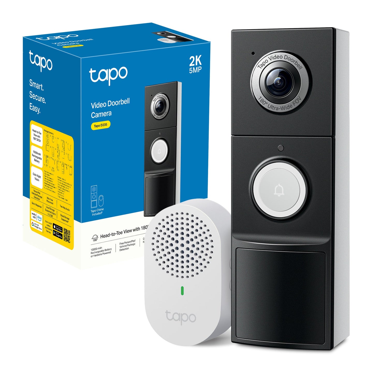 Tapo D235 Video Campanello 2K 5MP, Visione Notturna a Colori, Batteria 10000mAh o Connessione Cablata