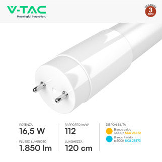 - Nuovo Prodotto - V-Tac VT-122 Tubo LED T8 G13 16,5W SMD Nano Plastic Lampadina 120cm con Starter - SKU 23872 / 23873