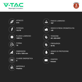 V-Tac VT-122 Tubo LED T8 G13 16,5W SMD Nano Plastic Lampadina 120cm con Starter - SKU 23872 / 23873