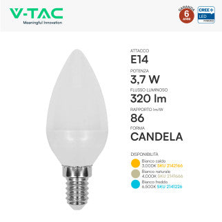 V-Tac VT-1818 Lampadina LED E14 3,7W Candela C37 SMD Chip CREE - SKU 2142166 / 2141666 / 2141226