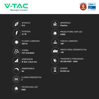 V-Tac VT-1818 Lampadina LED E14 3,7W Candela C37 SMD Chip CREE - SKU 2142166 / 2141666 / 2141226