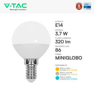 V-Tac VT-1819 Lampadina LED E14 3,7W MiniGlobo P45 SMD Chip CREE - SKU 2141236 / 2141746 / 2141246