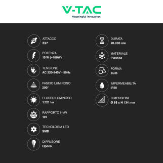 V-Tac VT-2015 Lampadina LED E27 15W A65 Goccia SMD - SKU 214453 / 214454 / 214455
