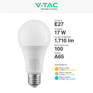 V-Tac VT-2017 Lampadina LED E27 17W A65 Goccia SMD Chip CREE - SKU 2144566 / 2144576 / 2144586