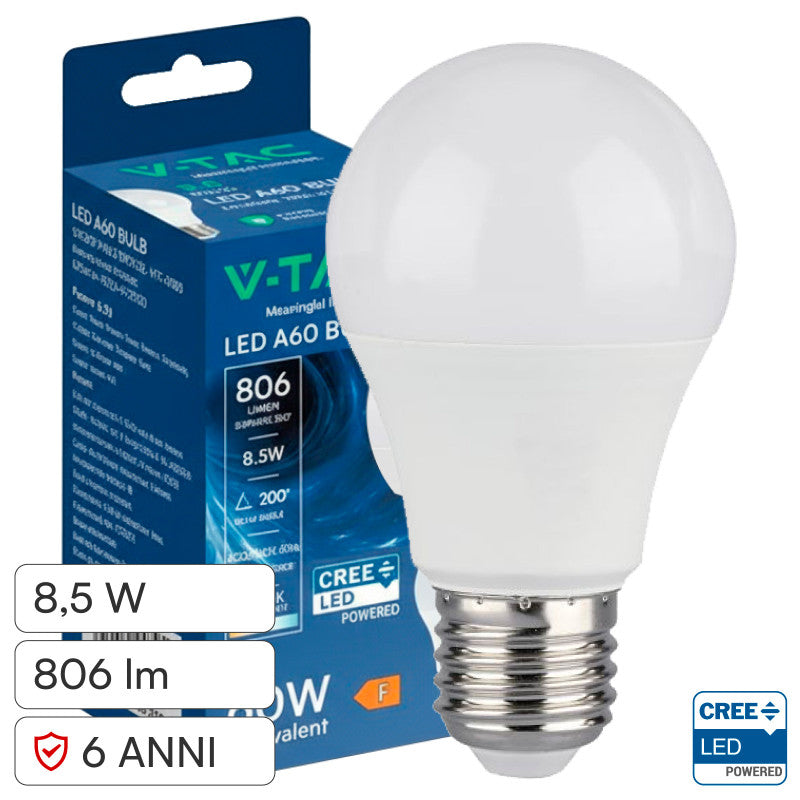V-Tac VT-2099 Lampadina LED E27 8,5W A60 Goccia SMD Chip CREE - SKU 2172606 / 2172616 / 2172626