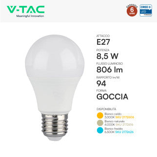 V-Tac VT-2099 Lampadina LED E27 8,5W A60 Goccia SMD Chip CREE - SKU 2172606 / 2172616 / 2172626