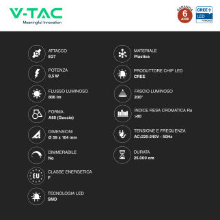 V-Tac VT-2099 Lampadina LED E27 8,5W A60 Goccia SMD Chip CREE - SKU 2172606 / 2172616 / 2172626