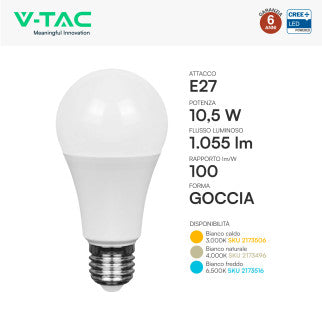 V-Tac VT-2112 Lampadina LED E27 10,5W A60 Goccia SMD Chip CREE - SKU 2173506 / 2173496 / 2173516