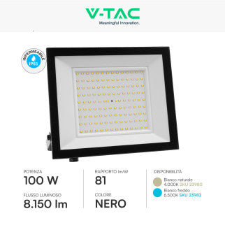 V-Tac VT-44109 Faro LED 100W Faretto SMD IP65 Colore Nero - SKU 23980 / 23982
