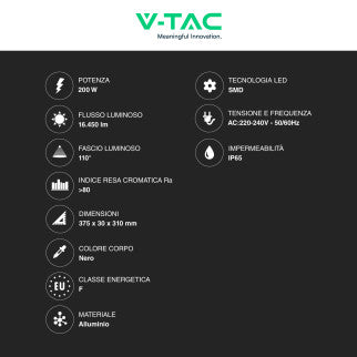 V-Tac VT-44208 Faro LED 200W Faretto SMD IP65 Colore Nero - SKU 23976 / 23977