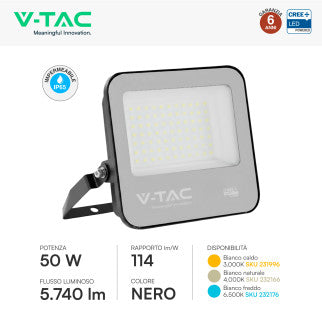 V-Tac VT-4455 Faro LED 50W Faretto SMD Chip CREE IP65 Colore Nero - SKU 231996 / 232166 / 232176
