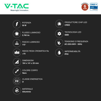 V-Tac VT-4455 Faro LED 50W Faretto SMD Chip CREE IP65 Colore Nero - SKU 231996 / 232166 / 232176