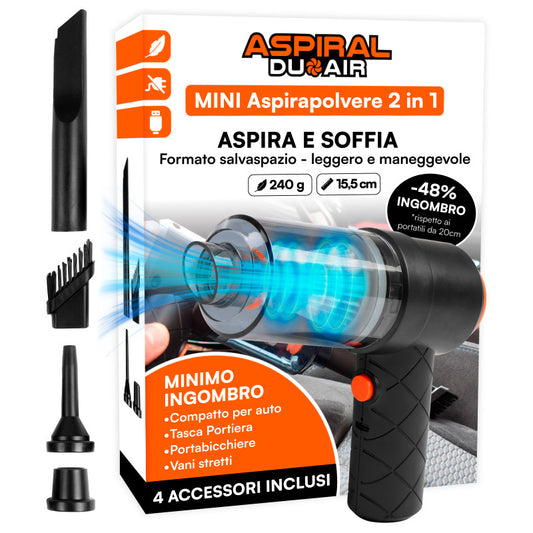 Aspiral DuoAir Aspirapolvere Aspirabriciole Senza Fili per Auto Casa e Ufficio Portatile 2in1 Ricarica Rapida USB