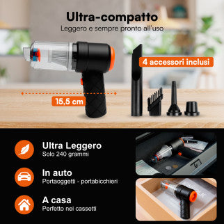 Aspiral DuoAir Aspirapolvere Aspirabriciole Senza Fili per Auto Casa e Ufficio Portatile 2in1 Ricarica Rapida USB