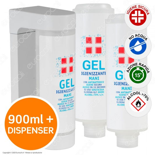 KIT DISPENSER DA PARETE CON 3 FLACONI DA 300ML RICARICA DI GEL IGIENIZZANTE MANI ALCOOL ≥ 70% CON ANTIBATTERICO - Consegna in 1-5 giorni lavorativi