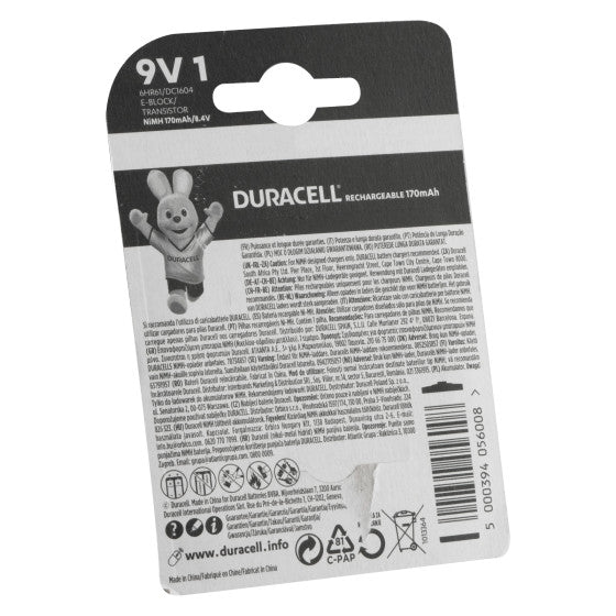 DURACELL RECHARGEABLE 6HR61 E-BLOCK TRANSISTOR DC1604 9V PILA RICARICABILE 170MAH - BLISTER DA 1 BATTERIA - Consegna in 1-5 giorni lavorativi