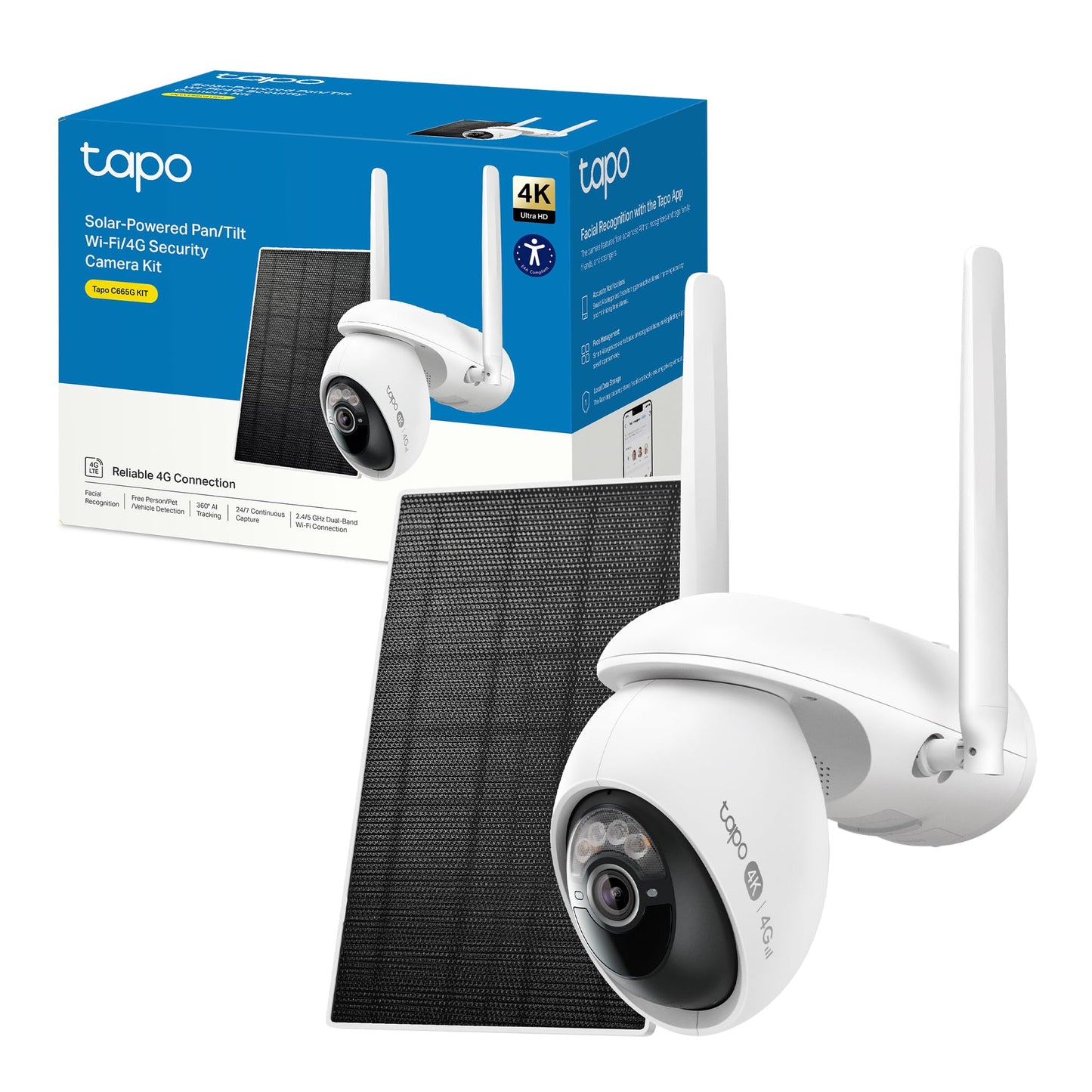 Tapo C665G KIT Telecamera 4G LTE da Esterno 4K 8MP con Pannello Solare, Pan/Tilt, Visione Notturna a Colori, Rilevamento AI, Registrazione 24/7