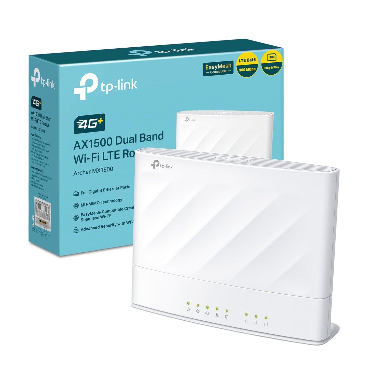 Archer MX1500 Router WiFi con SIM, 4G+ CAT6 WiFi 6 AX1500Mbps, 4 Porte Gigabit, Plug & Play