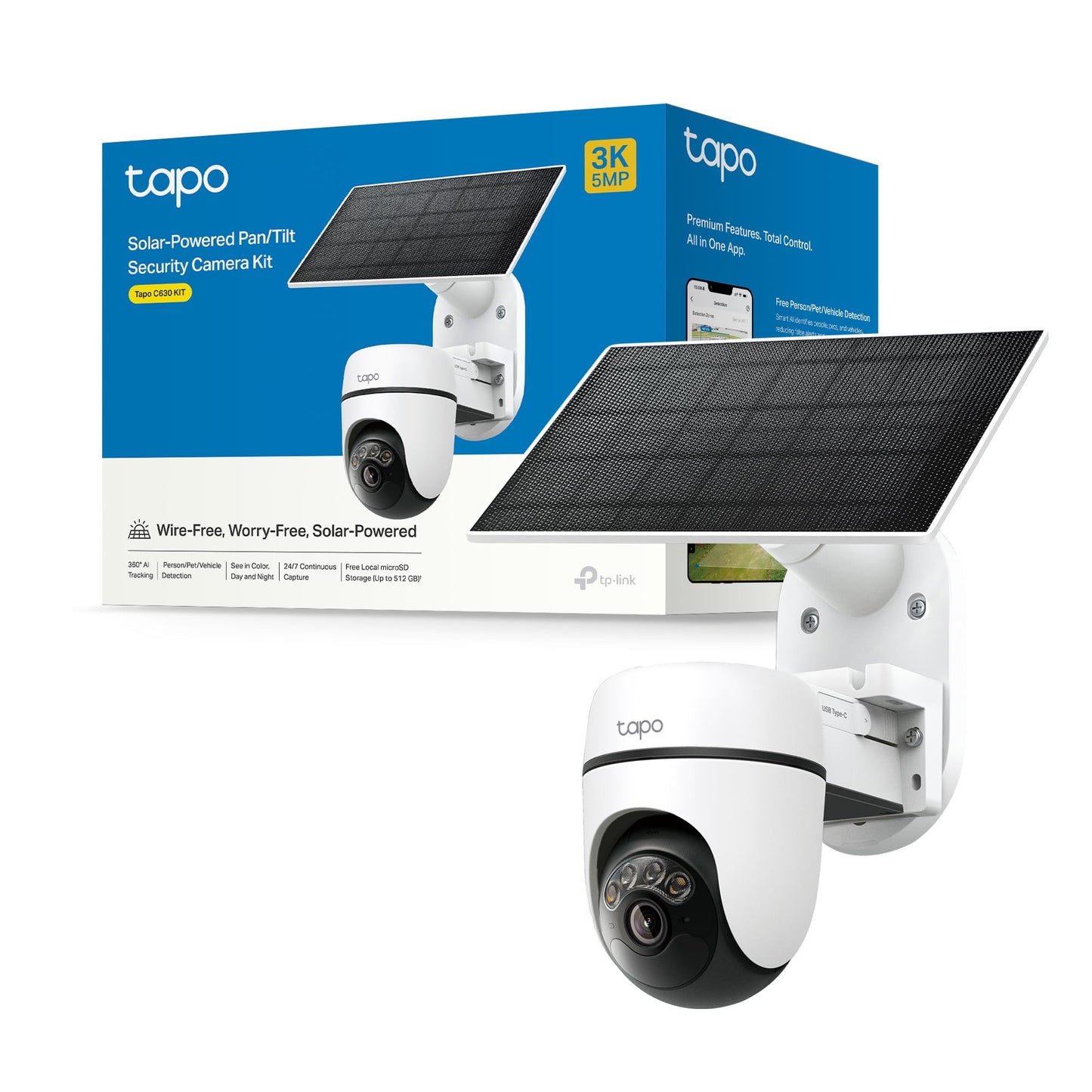 Tapo C630 KIT Telecamera Wi-Fi Esterno 3K 5MP Senza Fili con Pannello Solare, 360° PTZ, Batteria 6700mAh