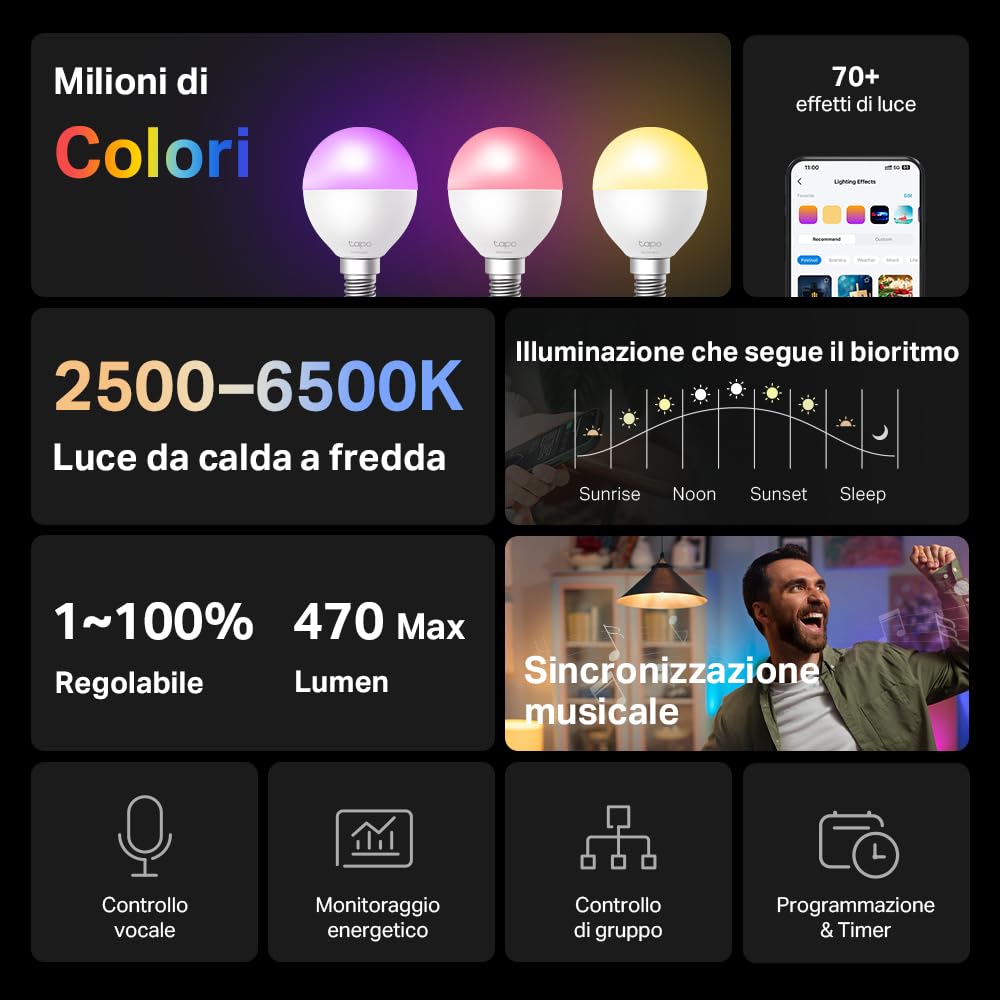 Tapo L430P Lampadina Smart Wi-Fi E14, Multicolore, Dimmerabile, Controllo Alexa e Google