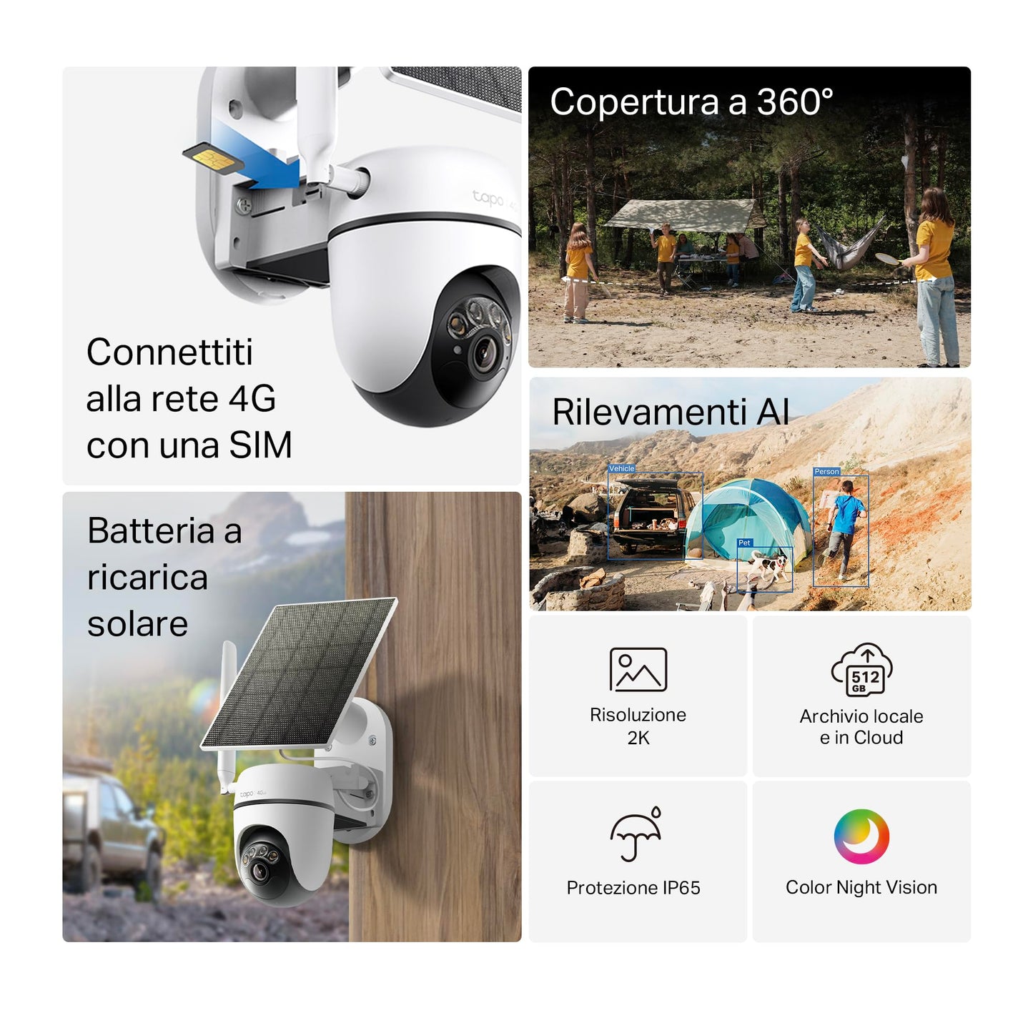 Tapo C615G KIT Telecamera 4G LTE da Esterno 2K 3MP Senza Fili con Pannello Solare, Tracking AI 360°, Batteria 6700mAh