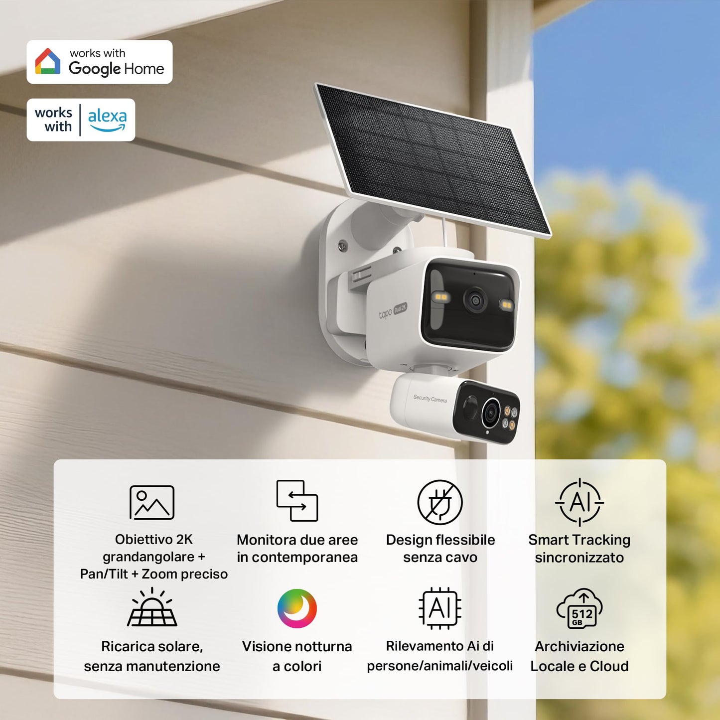 Tapo C645D KIT Telecamera Wi-Fi Esterno a Batteria con Doppio Obiettivo 2K 3MP, Pan/Tilt 360°, Pannello Solare, Visione Notturna a Colori, Rilevamento AI senza Abbonamento