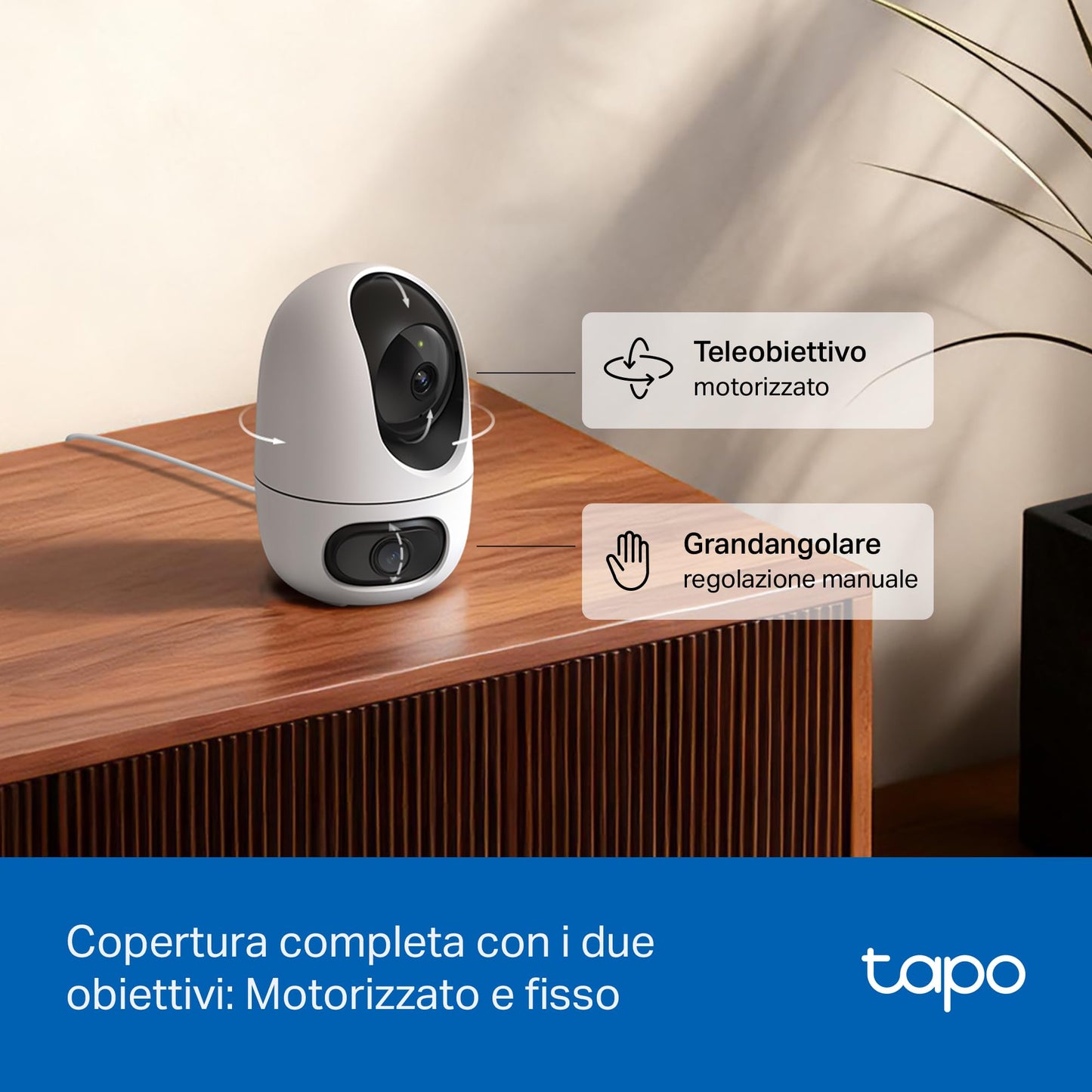 Tapo C245D Telecamera Wi-Fi Interno Doppio Obiettivo 2K+2K 4MP, 360° Visuale, Visione Notturna IR, ⚠️Non a batteria