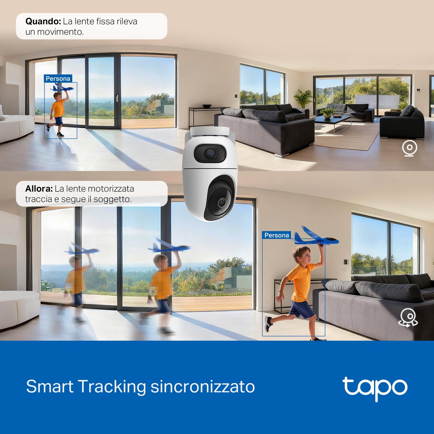 Tapo C245D Telecamera Wi-Fi Interno Doppio Obiettivo 2K+2K 4MP, 360° Visuale, Visione Notturna IR, ⚠️Non a batteria