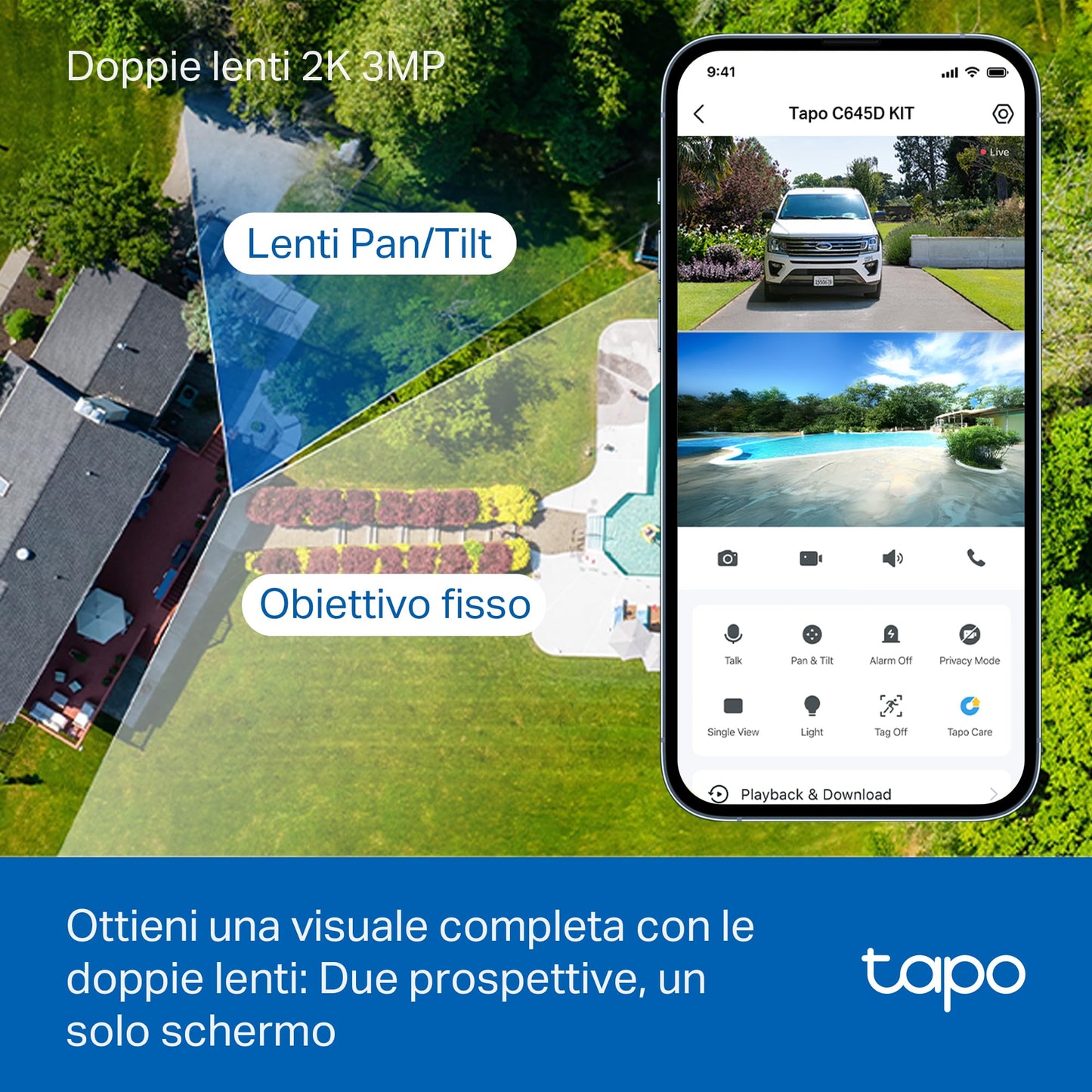 Tapo C645D KIT Telecamera Wi-Fi Esterno a Batteria con Doppio Obiettivo 2K 3MP, Pan/Tilt 360°, Pannello Solare, Visione Notturna a Colori, Rilevamento AI senza Abbonamento