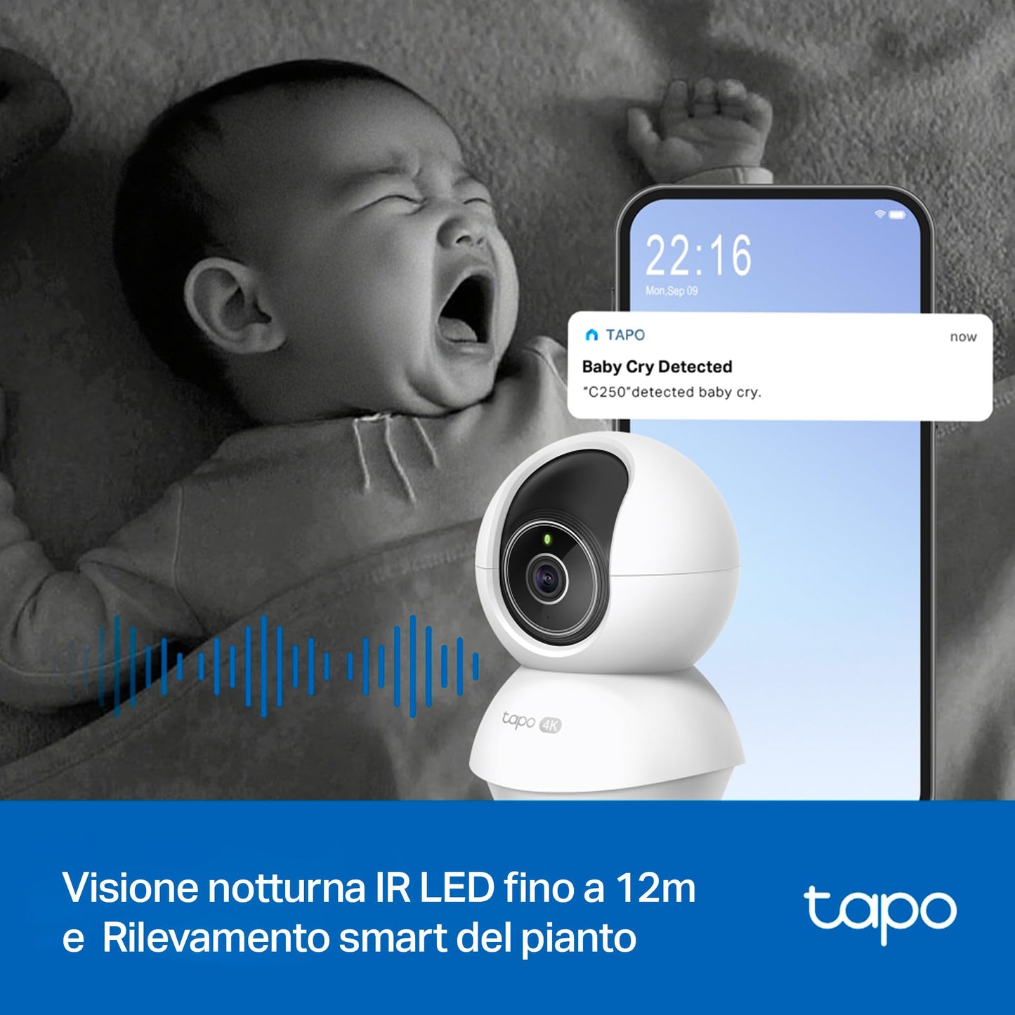 Tapo C250 Telecamera Wi-Fi Interno 4K 8MP, 360° Visuale, Rilevamento AI Persone/Animali/Neonati, Visione Notturna IR