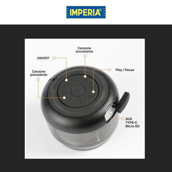 IMPERIA SPEAKER BLUETOOTH 5W CASSA ALTOPARLANTE PORTATILE CON 15 LUCI LED MULTICOLORE - MOD. 900840 - Consegna in 1-5 giorni lavorativi