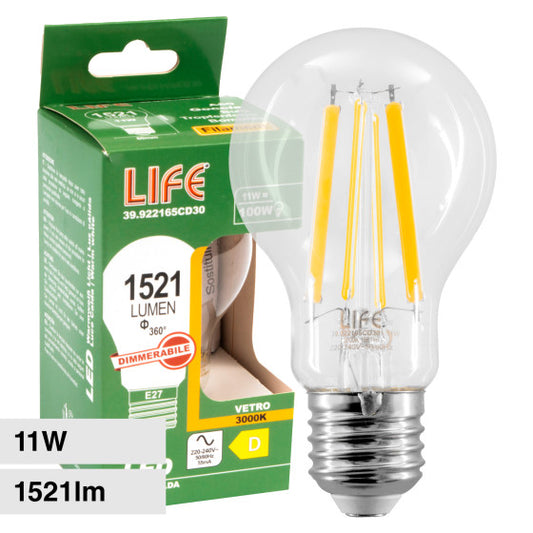 LIFE LAMPADINA LED E27 11W BULB A60 GOCCIA FILAMENT DIMMERABILE IN VETRO TRASPARENTE - MOD. 39.922165CD30 - Consegna in 1-5 giorni lavorativi