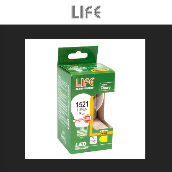 LIFE LAMPADINA LED E27 11W BULB A60 GOCCIA FILAMENT DIMMERABILE IN VETRO TRASPARENTE - MOD. 39.922165CD30 - Consegna in 1-5 giorni lavorativi