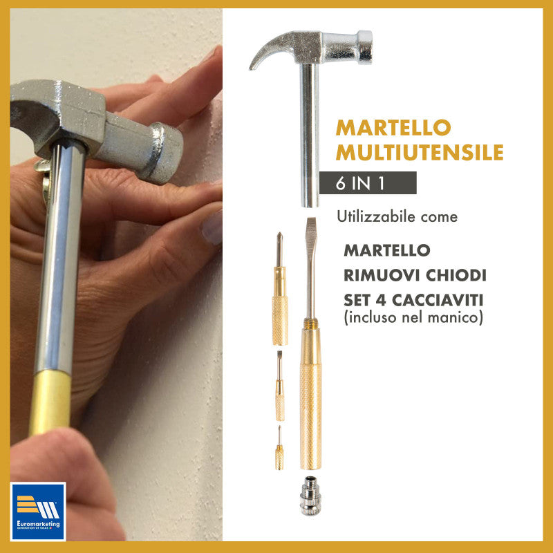 - Promo Ottobre - Intergross Scrhammer Multiutensile 6in1 con Martello Rimuovi Chiodi 4 Cacciaviti Inclusi nel Manico