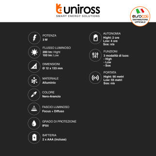 Uniross GX100 Torcia LED 3W Tascabile Multifunzione IPX4 - mod. U322484