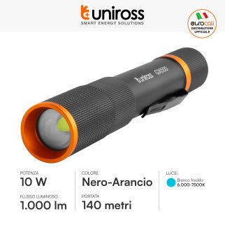 Uniross GX500 Torcia LED 10W 1000lm Multifunzione Ricaricabile IPX4 con Cavo USB - mod. U322491