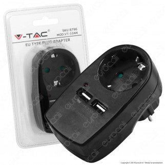 V-Tac VT-1044 Adattatore con 2 Porte USB con Spina e Presa Schuko Colore Nero - SKU 8796