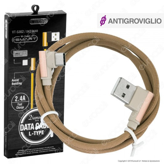 V-TAC VT-5362 DIAMOND SERIES USB DATA CABLE TYPE-C CAVO IN CORDA COLORE ORO CON CONNETTORI A L 1M - SKU 8640 - Consegna in 1-5 giorni lavorativi