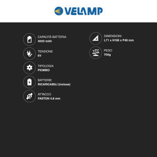 Velamp Batteria al Piombo 6V 4Ah Ricaricabile con Attacchi Faston - mod. 23722