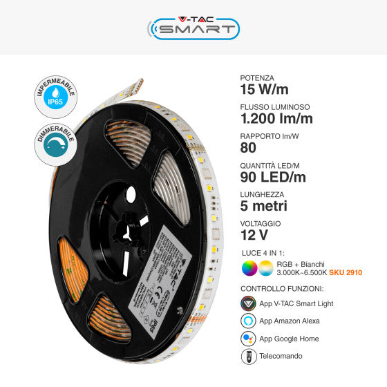 V-TAC SMART VT-5050 KIT STRISCIA LED FLESSIBILE 75W RGB+W 12V IP65 ALIMENTATORE CONTROLLER TELECOMANDO - BOBINA DA 5M - SKU 2910 - Consegna in 1-5 giorni lavorativi