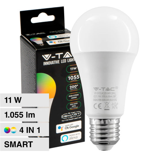 V-TAC SMART VT-5113 LAMPADINA LED WI-FI E27 11W BULB A60 GOCCIA RGB+W CHANGING COLOR CCT DIMMERABILE - SKU 212752 - Consegna in 1-5 giorni lavorativi