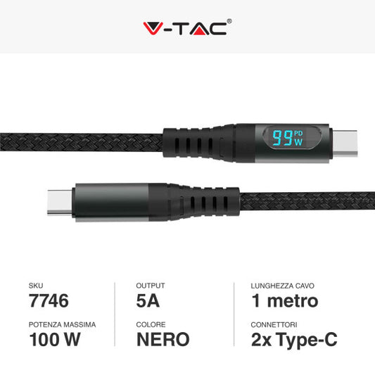 V-TAC VT-5303 CAVO USB TYPE-C LUNGHEZZA 1M COLORE NERO CON DISPLAY LED - SKU 7746 - Consegna in 1-5 giorni lavorativi