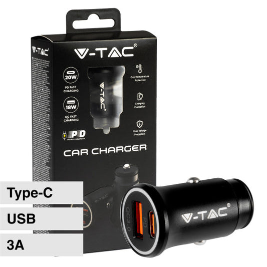V-TAC VT-5318 CARICABATTERIE SMART AUTO USB 20W 3A PER SMARTPHONE RICARICA RAPIDA PD+QC COLORE NERO - SKU 7744 - Consegna in 1-5 giorni lavorativi