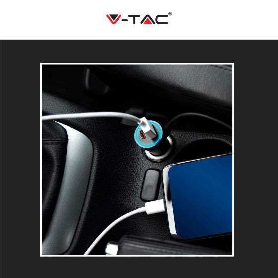 V-TAC VT-5318 CARICABATTERIE SMART AUTO USB 20W 3A PER SMARTPHONE RICARICA RAPIDA PD+QC COLORE NERO - SKU 7744 - Consegna in 1-5 giorni lavorativi