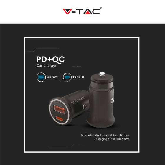 V-TAC VT-5318 CARICABATTERIE SMART AUTO USB 20W 3A PER SMARTPHONE RICARICA RAPIDA PD+QC COLORE NERO - SKU 7744 - Consegna in 1-5 giorni lavorativi