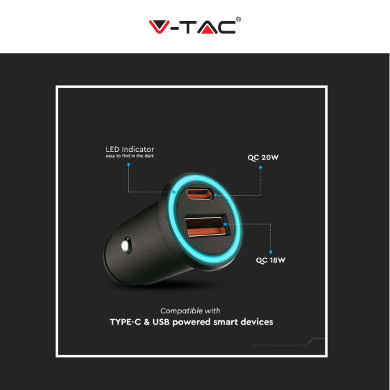 V-TAC VT-5318 CARICABATTERIE SMART AUTO USB 20W 3A PER SMARTPHONE RICARICA RAPIDA PD+QC COLORE NERO - SKU 7744 - Consegna in 1-5 giorni lavorativi