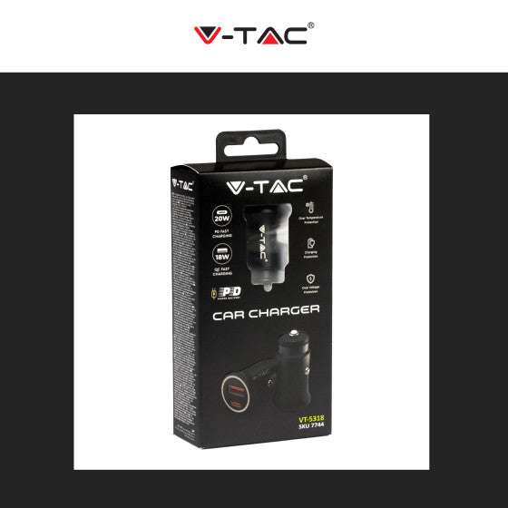 V-TAC VT-5318 CARICABATTERIE SMART AUTO USB 20W 3A PER SMARTPHONE RICARICA RAPIDA PD+QC COLORE NERO - SKU 7744 - Consegna in 1-5 giorni lavorativi