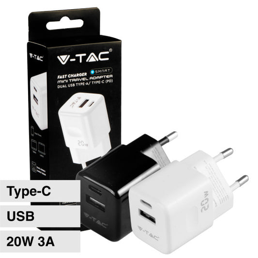 V-TAC SMART VT-5320 CARICABATTERIE CON SPINA 10A 2P ADATTATORE PORTA USB E TYPE-C RICARICA RAPIDA PD+QC - SKU 6677 / 6678 - Consegna in 1-5 giorni lavorativi