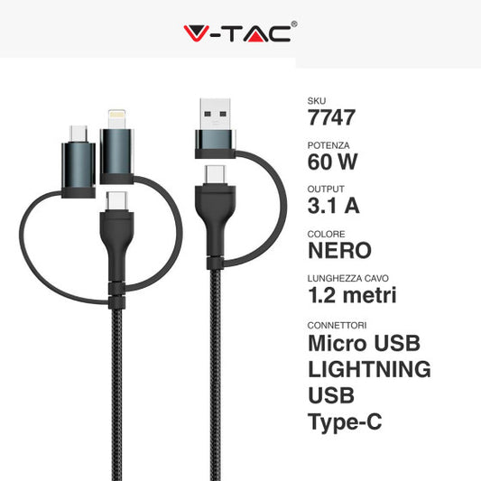 V-TAC VT-5323 CAVO USB TYPE-C 5IN1 CON ADATTATORI USB LIGHTNING E MICRO USB LUNGHEZZA 1.2M COLORE NERO - SKU 7747 - Consegna in 1-5 giorni lavorativi